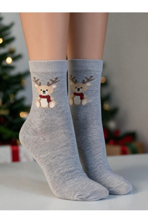 Kinder sokken met kerst teddybeer en hoorns in grijs