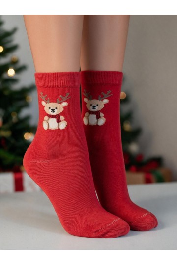Kinder sokken met kerst teddybeer en hoorns in het rood