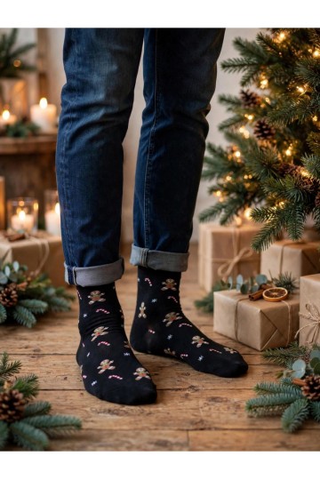 Heren sokken met kerst snoepstokken en koekjes in zwart