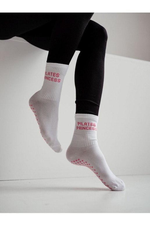 Dames antislip sokken PILATES PRINCESS wit met roze patronen