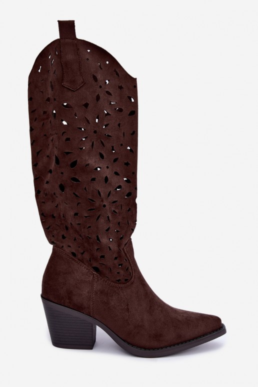 Uitgesneden lange cowboy-stijl laarzen met hakken in bruin Salirae