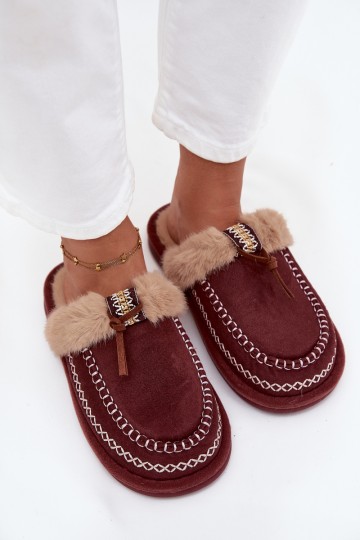Bordeaux kleurige dames slippers met bont Perivelle