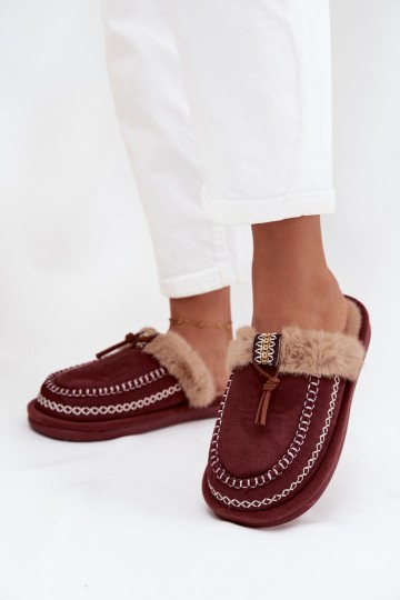 Bordeaux kleurige dames slippers met bont Perivelle 2
