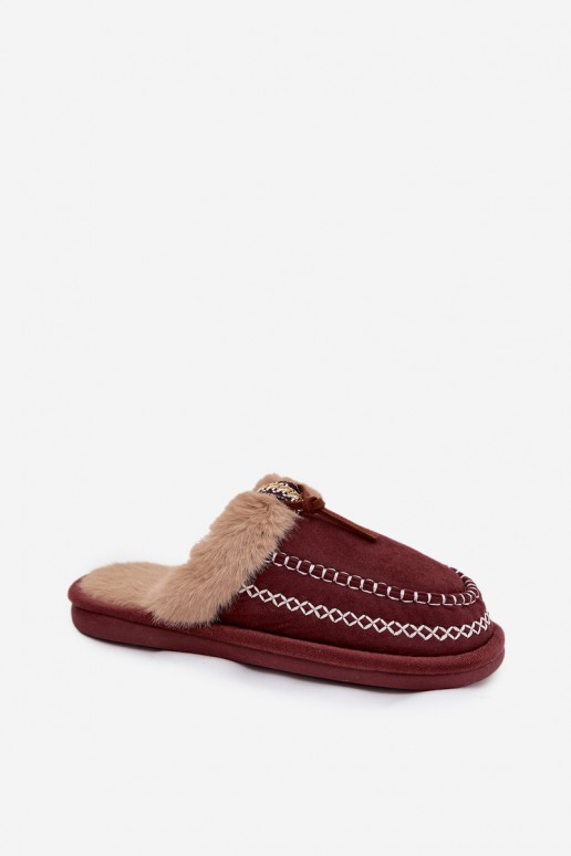 Bordeaux kleurige dames slippers met bont Perivelle