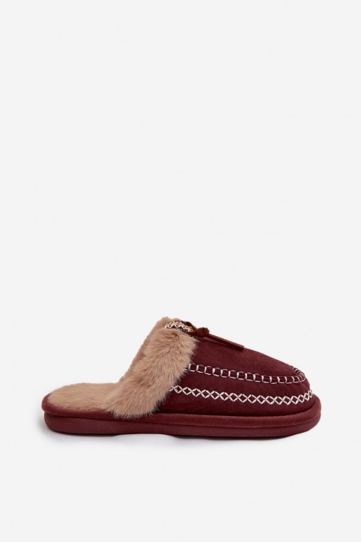Bordeaux kleurige dames slippers met bont Perivelle