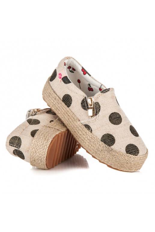 Kindermode crème textielschoenen met decoratieve ritssluiting en zwarte stippen K1645004NE  - 2 Kindermode crème textielschoenen met decoratieve ritssluiting en zwarte stippen K1645004NE  - 2