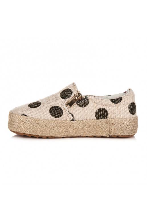 Trendy crèmekleurige textielschoenen voor kinderen met decoratieve rits en zwarte stippen K1645004NE