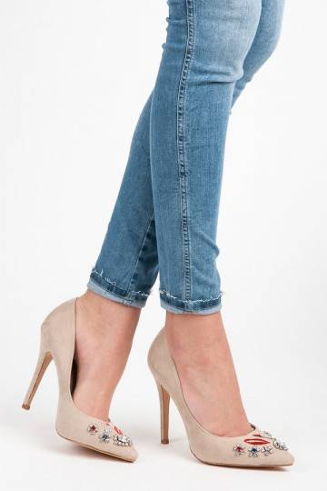 Beige suède schoenen met geborduurde en glanzende details WL119BE  - 5 2