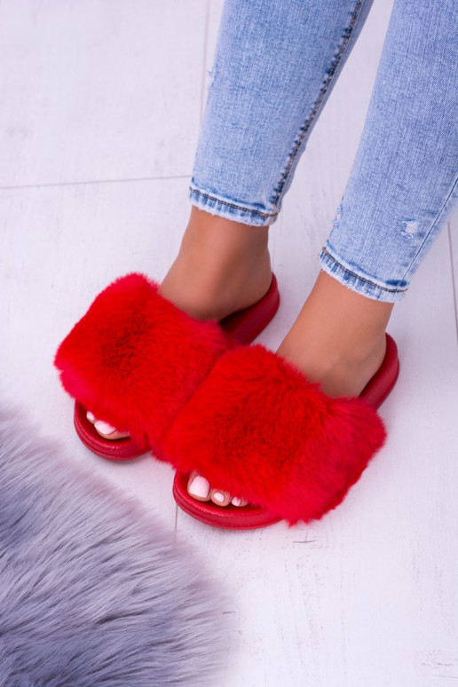 Rode rubberen pantoffels met bont