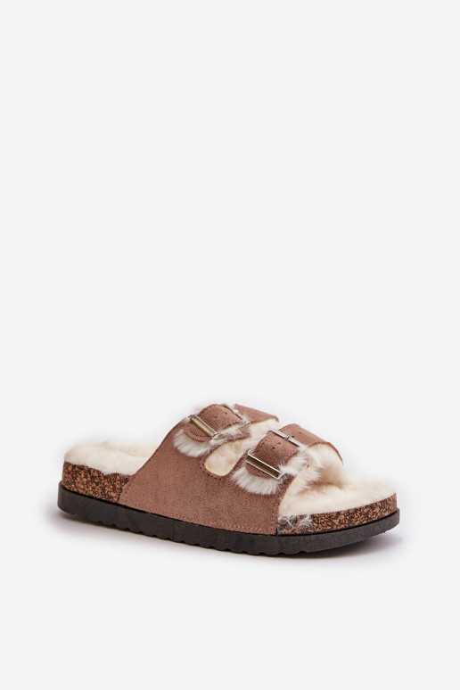 Dames Slippers Slippers met gespen en bont beige Ezilena Dames Slippers Slippers met gespen en bont beige Ezilena