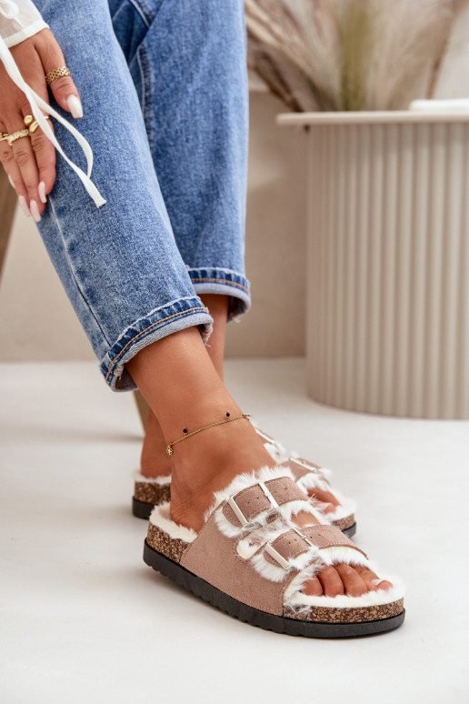 Dames Slippers Slippers met gespen en bont beige Ezilena Dames Slippers Slippers met gespen en bont beige Ezilena