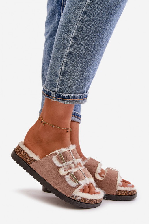 Dames Slippers Slippers met gespen en bont beige Ezilena Dames Slippers Slippers met gespen en bont beige Ezilena