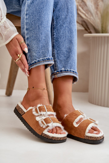 Dames Slippers Slippers met gespen en bont bruine kleur Ezilena