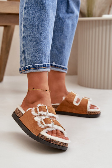 Dames Slippers Slippers met gespen en bont bruine kleur Ezilena 2