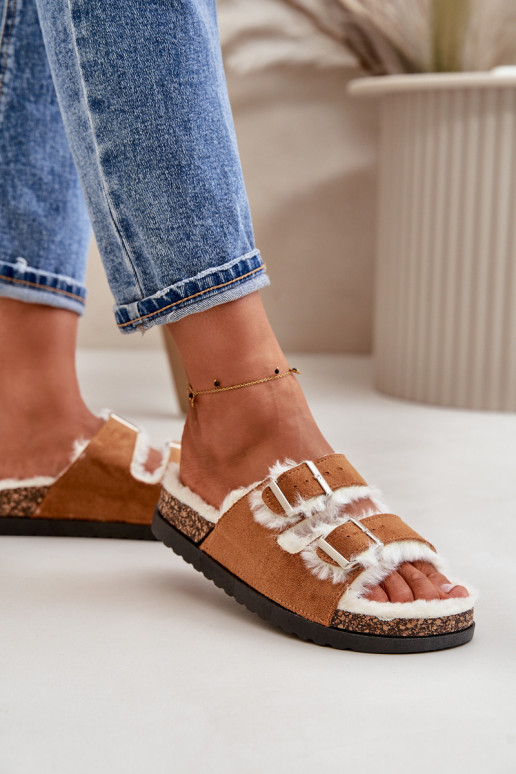 Dames Slippers Slippers met gespen en bont bruine kleur Ezilena