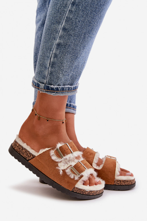 Dames Slippers Slippers met gespen en bont bruine kleur Ezilena