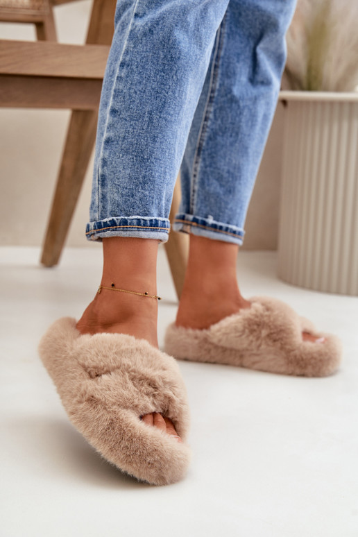 met bont Slippers Dames Op dikke zool beige Lavitera