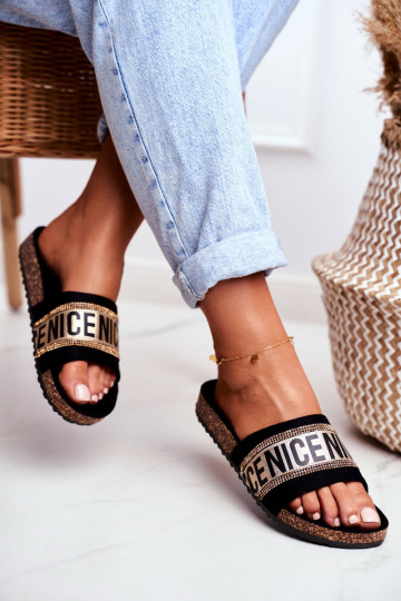 Slippers met sprankelende oogjes Zwart en goud Be Nice
