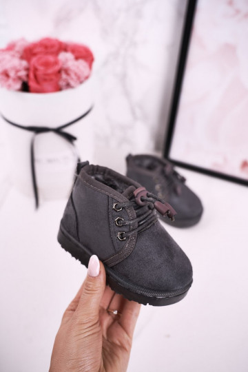 Kindersnowboots met veters en bont in de kleur Hunter grijs