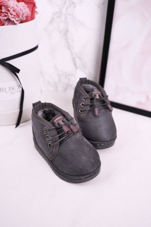 Kindersnowboots met veters en bont in de kleur Hunter grijs Kindersnowboots met veters en bont in de kleur Hunter grijs