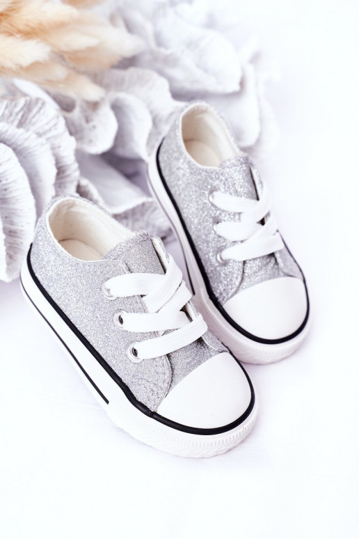 Kindercasual schoenen met glanzende zilveren kleur Bling-Bling Kindercasual schoenen met glanzende zilveren kleur Bling-Bling