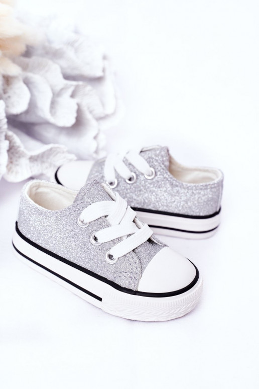 Kindercasual schoenen met glanzende zilveren kleur Bling-Bling Kindercasual schoenen met glanzende zilveren kleur Bling-Bling