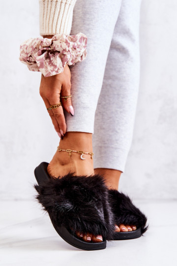 Slippers met bont in de kleur zwart Pollie