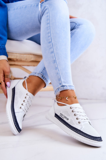 Naturel leren sneakers Wit-donkerblauwe kleur Cloesa