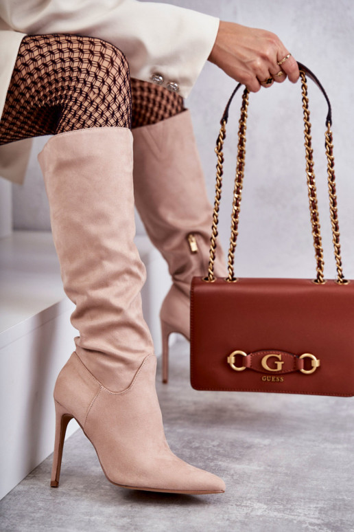 Ameya klassiek model suède lange laarzen met dunne hak in beige Ameya klassiek model suède lange laarzen met dunne hak in beige