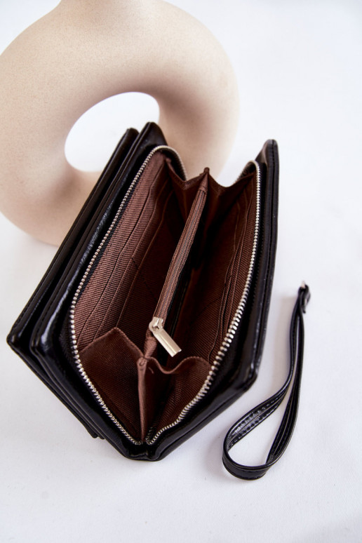 Grote leren damesportemonnee in zwarte kleur Shinness