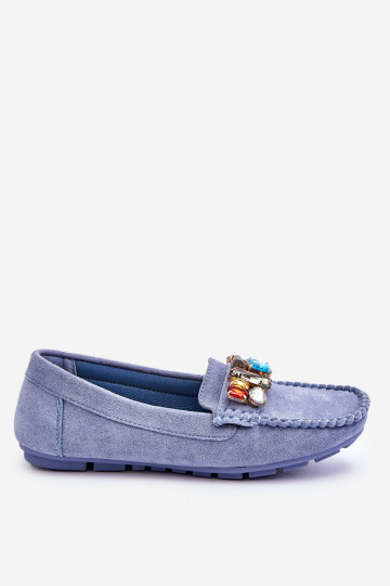 Elegante suède mocassins met glanzende oogjes in blauwe Lucille