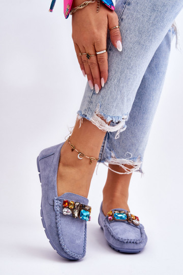 Elegante suède mocassins met glanzende oogjes in blauwe Lucille 2