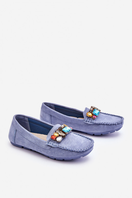 Elegante suède mocassins met glanzende oogjes in blauwe Lucille