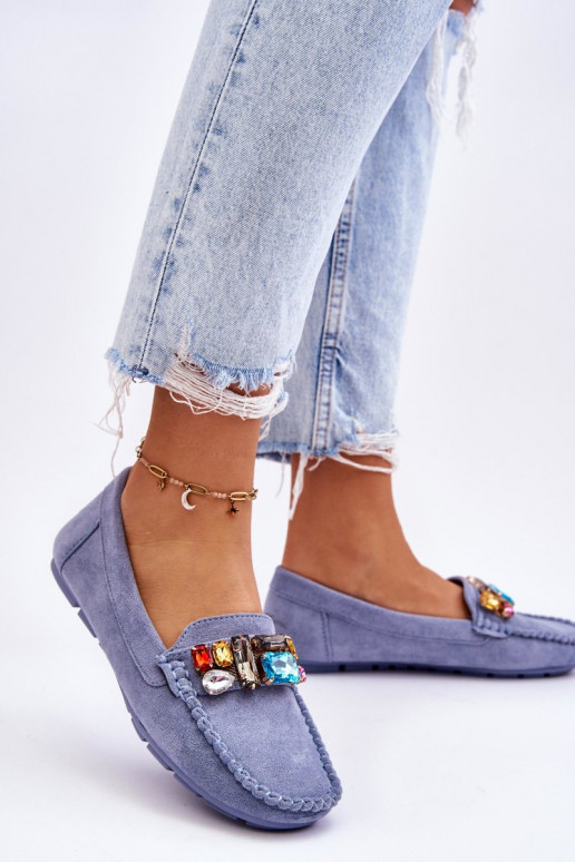 Elegante suède mocassins met glanzende oogjes in blauwe Lucille