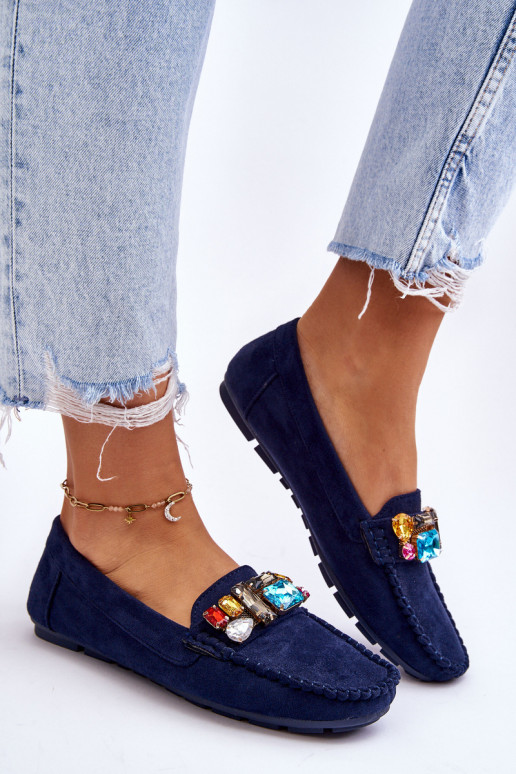 Elegante suède mocassins met glanzende oogjes in donkerblauw Lucille Elegante suède mocassins met glanzende oogjes in donkerblauw Lucille