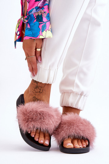 Stijlvolle rubberen pantoffels met bont in roze kleur Lucrece