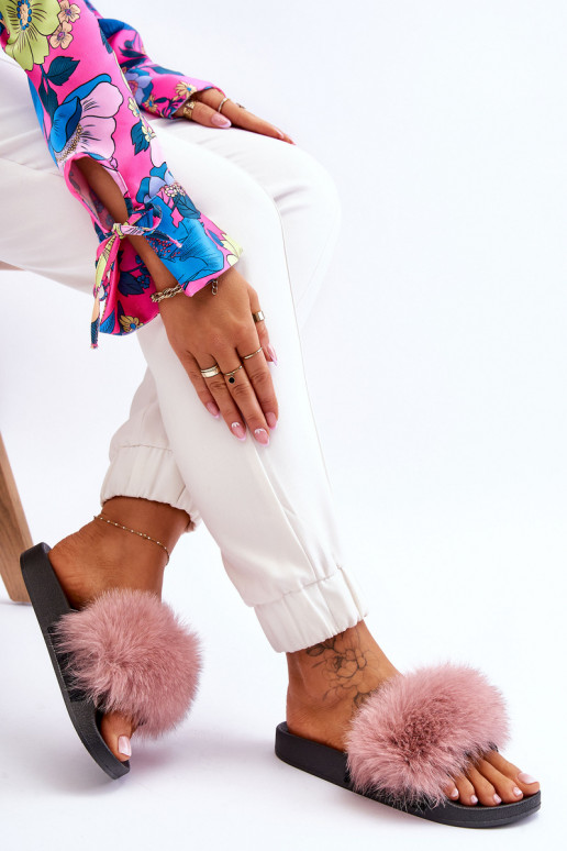 Stijlvolle rubberen pantoffels met bont in roze kleur Lucrece Stijlvolle rubberen pantoffels met bont in roze kleur Lucrece