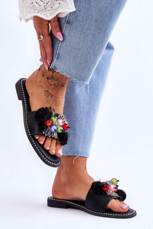 Slippers met decoratieve kralen S.Barski KV-2775-47 zwarte kleur