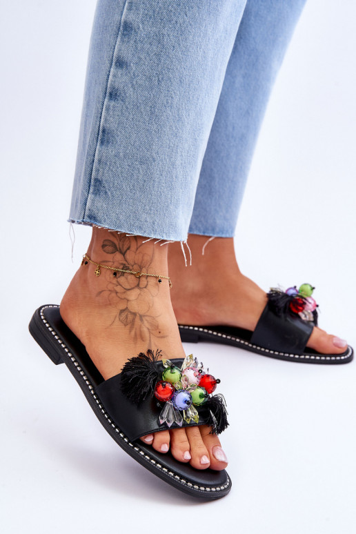 Slippers met decoratieve kralen S.Barski KV-2775-47 zwarte kleur