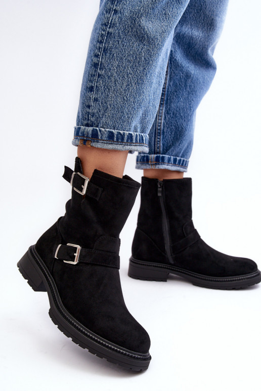 Bliggore enkellaarsjes voor dames met brede hak en gesp in het zwart