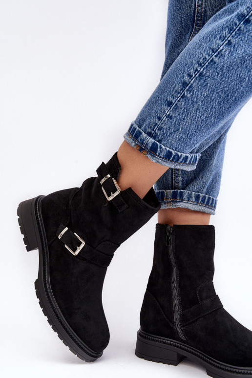 Bliggore enkellaarsjes voor dames met brede hak en gesp in het zwart