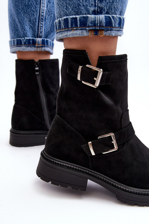 Bliggore enkellaarsjes voor dames met brede hak en gesp in het zwart