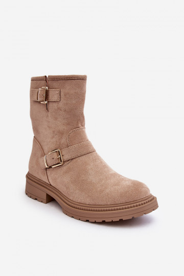 Beige Bliggore dameslaarzen met brede hak en gesp