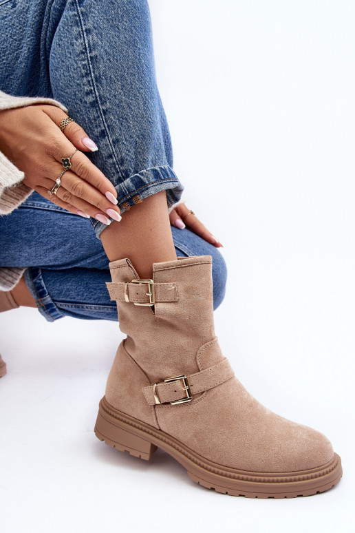 Beige Bliggore dameslaarzen met brede hak en gesp