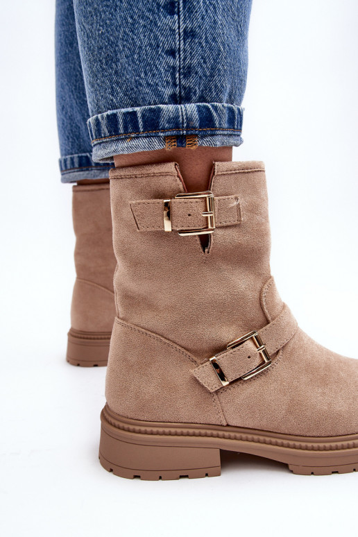 Beige Bliggore dameslaarzen met brede hak en gesp