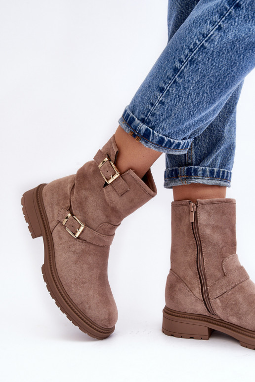 Beige Bliggore dameslaarzen met brede hak en gesp