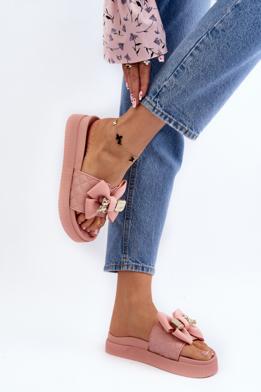 Damespantoffels met strik en beer, Rožinė Katterina