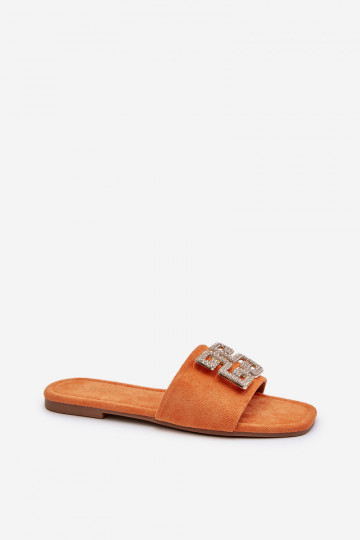 Damespantoffels met brede hakken met ornamenten in oranje kleur Inaile