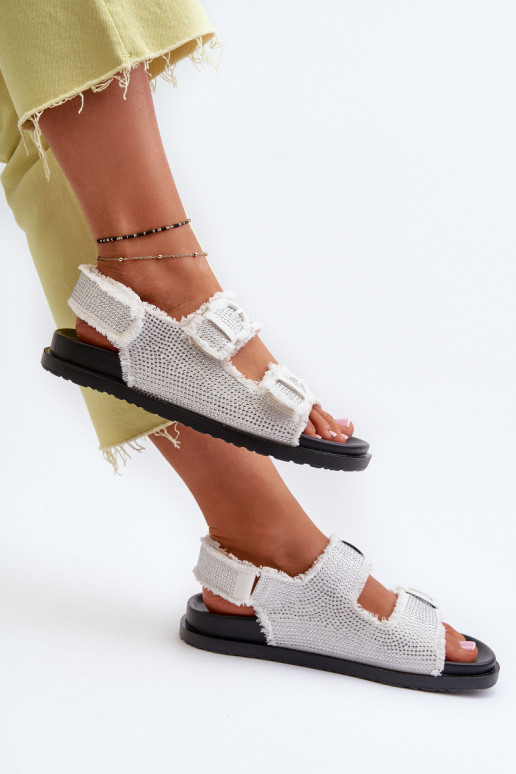 Denim materiaal Versierde damessandalen witte kleur Irmale Denim materiaal Versierde damessandalen witte kleur Irmale