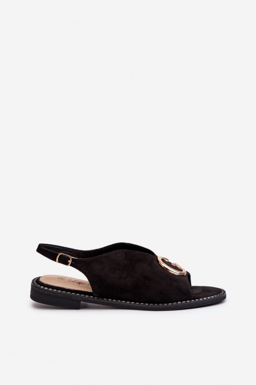 Elegante stijl Damessandalen met ornamenten gemaakt van eco suède S.Barski KV27-058 zwarte kleur